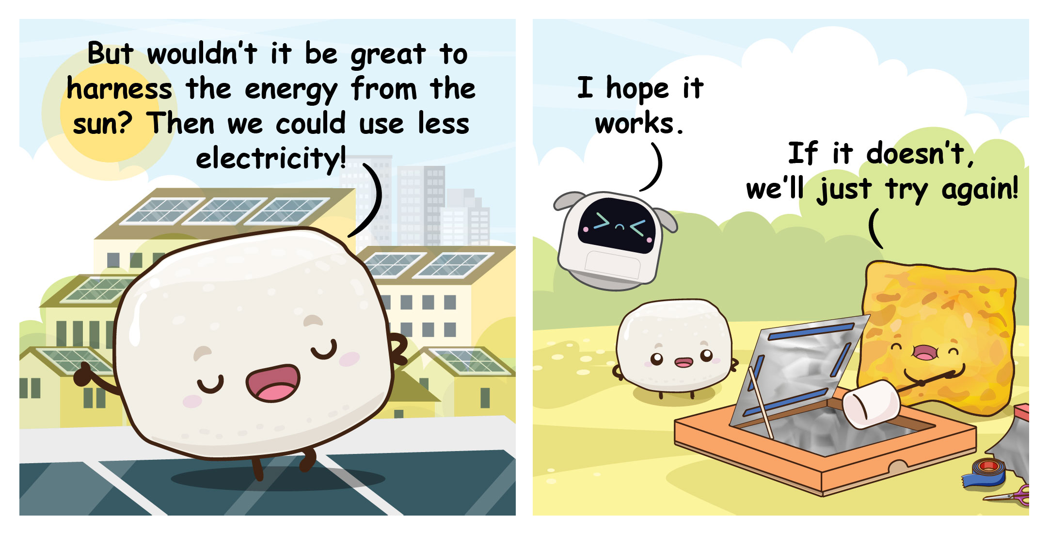 Two-panel comic where Bouncy explains the benefits of solar energy, followed by Poodle, Bouncy, and Flip testing their DIY solar oven with a marshmallow outdoors.